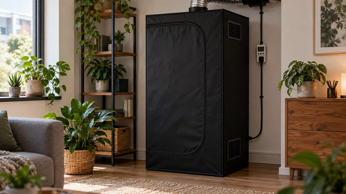 Armario de cultivo indoor compacto con ventilación en una habitación doméstica
