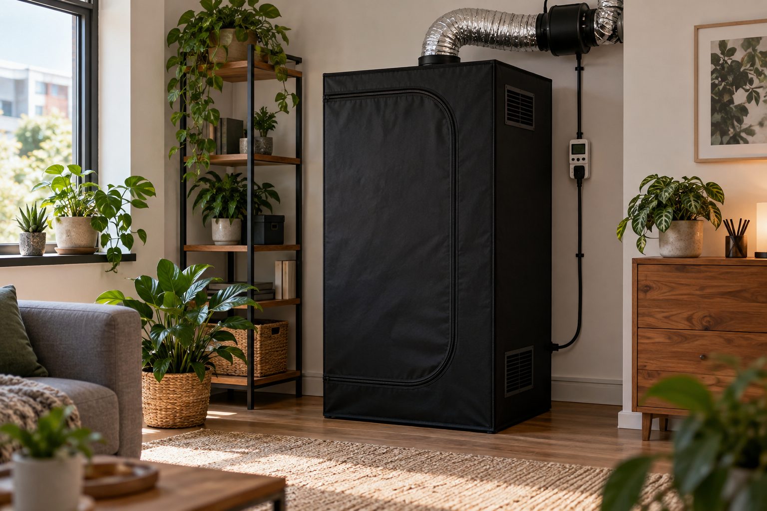 Armario de cultivo indoor compacto con ventilación en una habitación doméstica