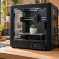 Impresora 3D cerrada con una pequeña maceta sobre la plataforma y una bobina de filamento al lado