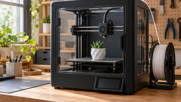 Impresora 3D cerrada con una pequeña maceta sobre la plataforma y una bobina de filamento al lado