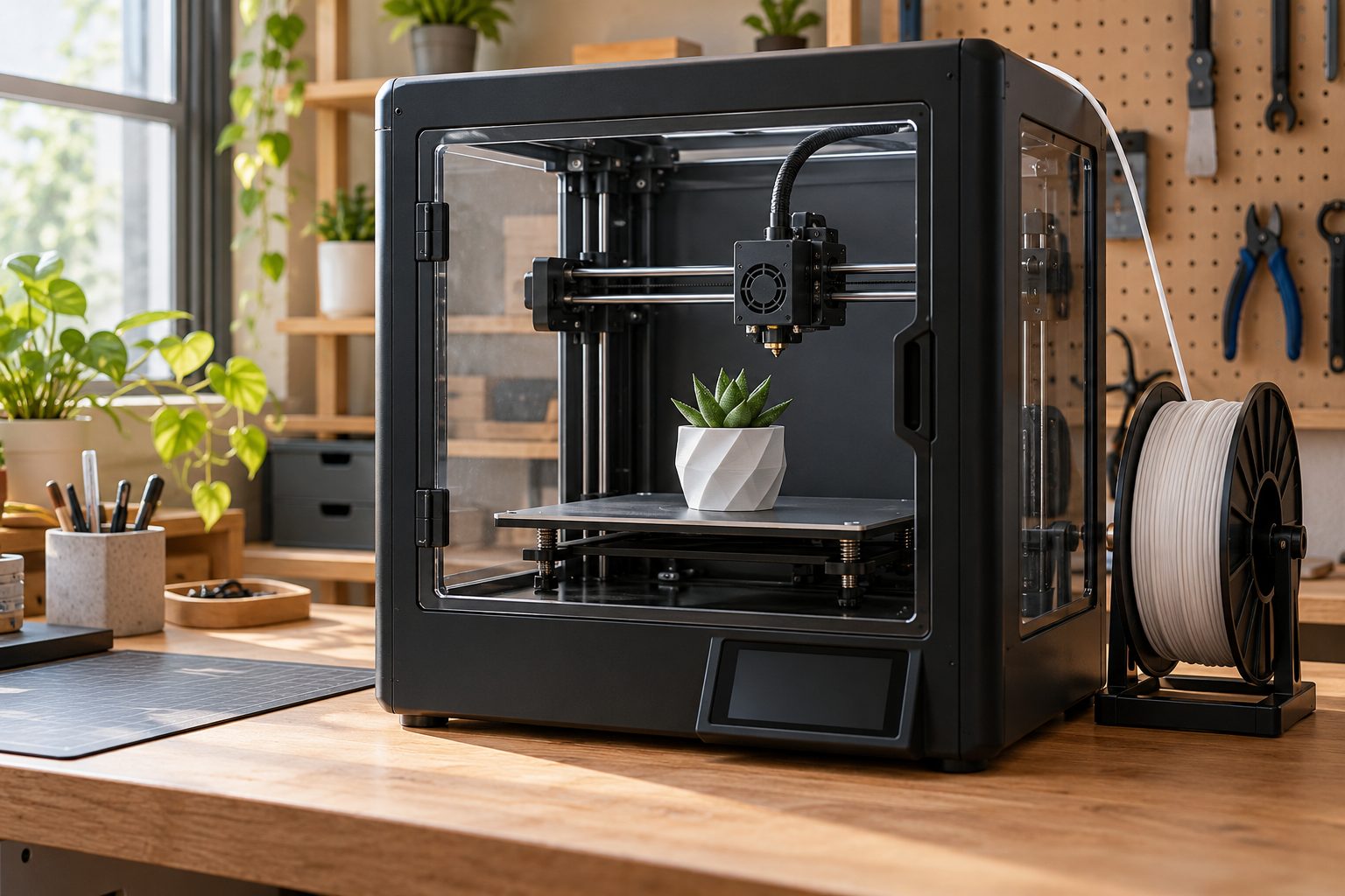 Impresora 3D cerrada con una pequeña maceta sobre la plataforma y una bobina de filamento al lado