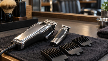 Máquina de cortar pelo, recortadora y peines guía dispuestos sobre una superficie de barbería