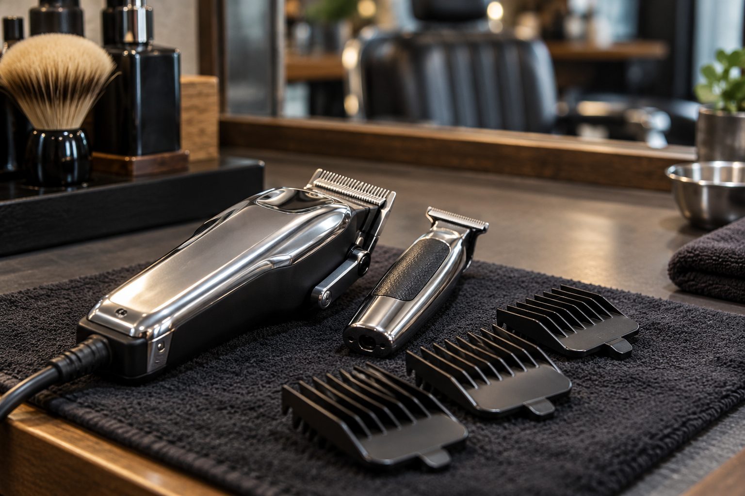 Máquina de cortar pelo, recortadora y peines guía dispuestos sobre una superficie de barbería