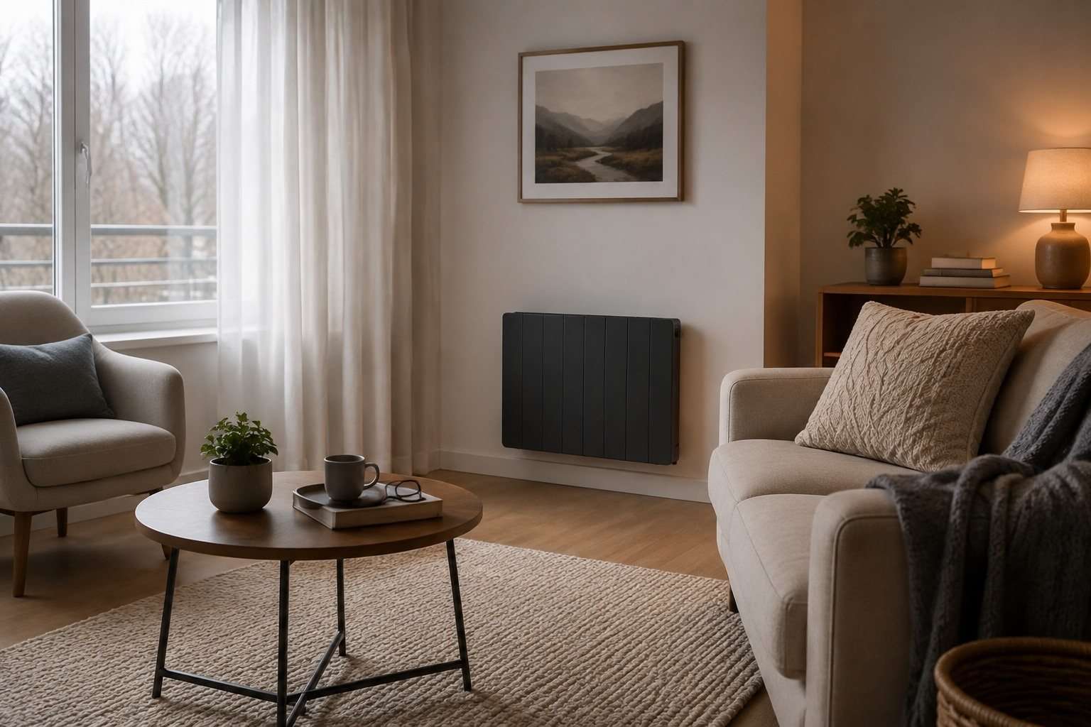 Radiador eléctrico discreto con espacio libre en un salón cálido