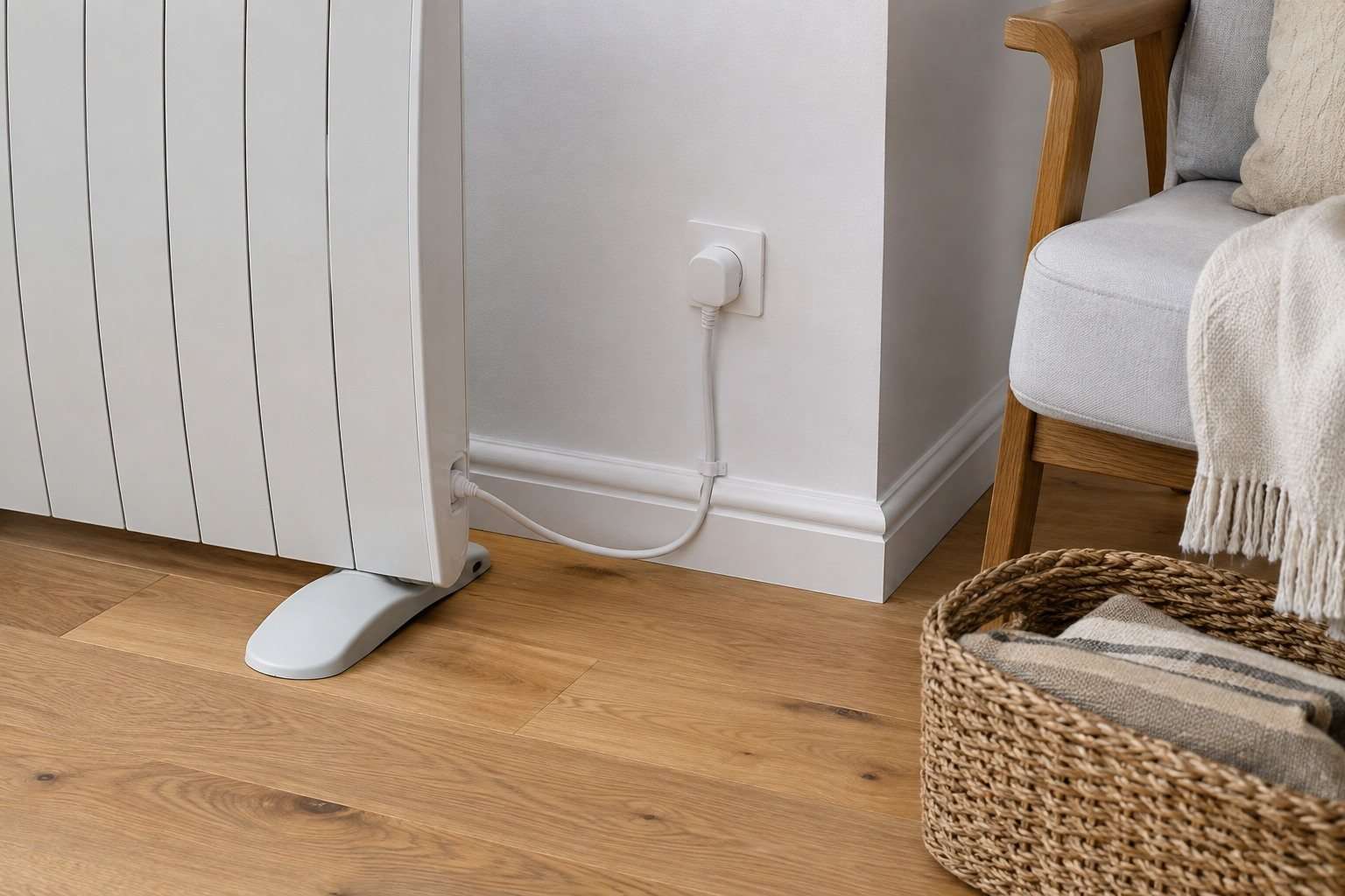 Detalle de una estufa eléctrica con el cable ordenado y distancia respecto a los muebles